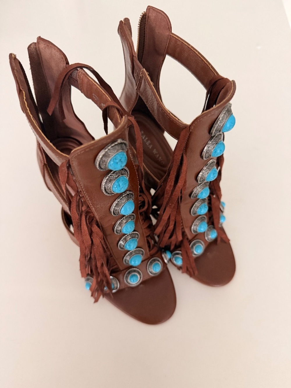 Azalea Wang Sumac Fringe Heels Sandals Turquoise
